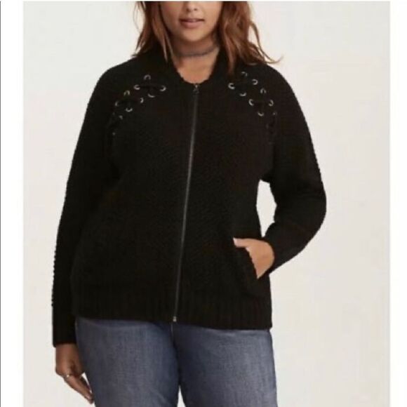 Torrid Black Lace Up Bomber Sweater - Picture 5 of 5